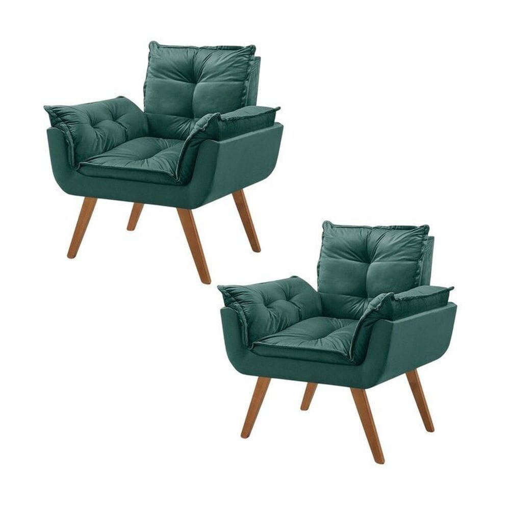 Kit 2 Poltronas em Veludo Base Palito Quadrada Opalla Prime Verde/Verde