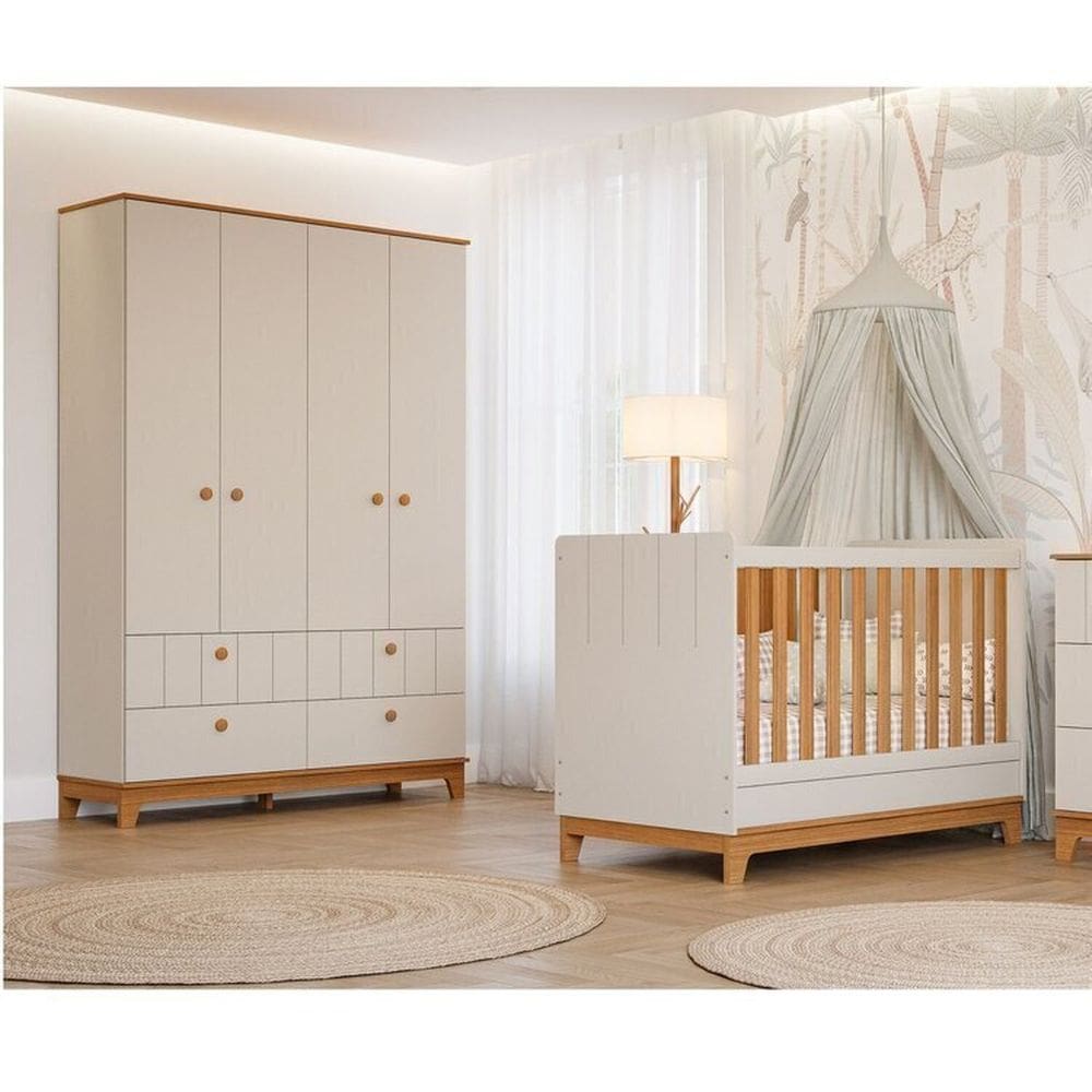 Conjunto Quarto de Bebê 1 Berço 1 Guarda Roupas 4 Portas 4 Gavetas Chantilly Off White/Marrom