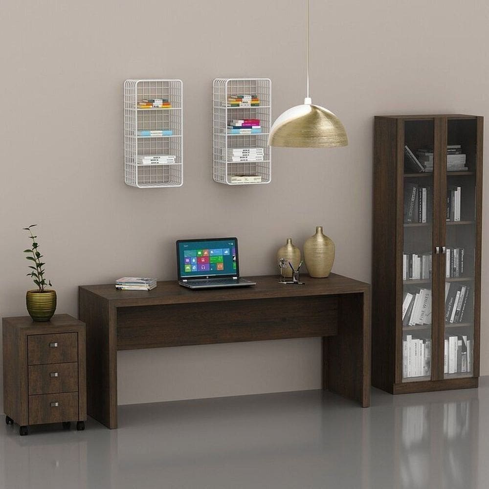 Conjunto para Escritório 1 Mesa 1 Armário 1 Gaveteiro Espresso Móveis Rústico