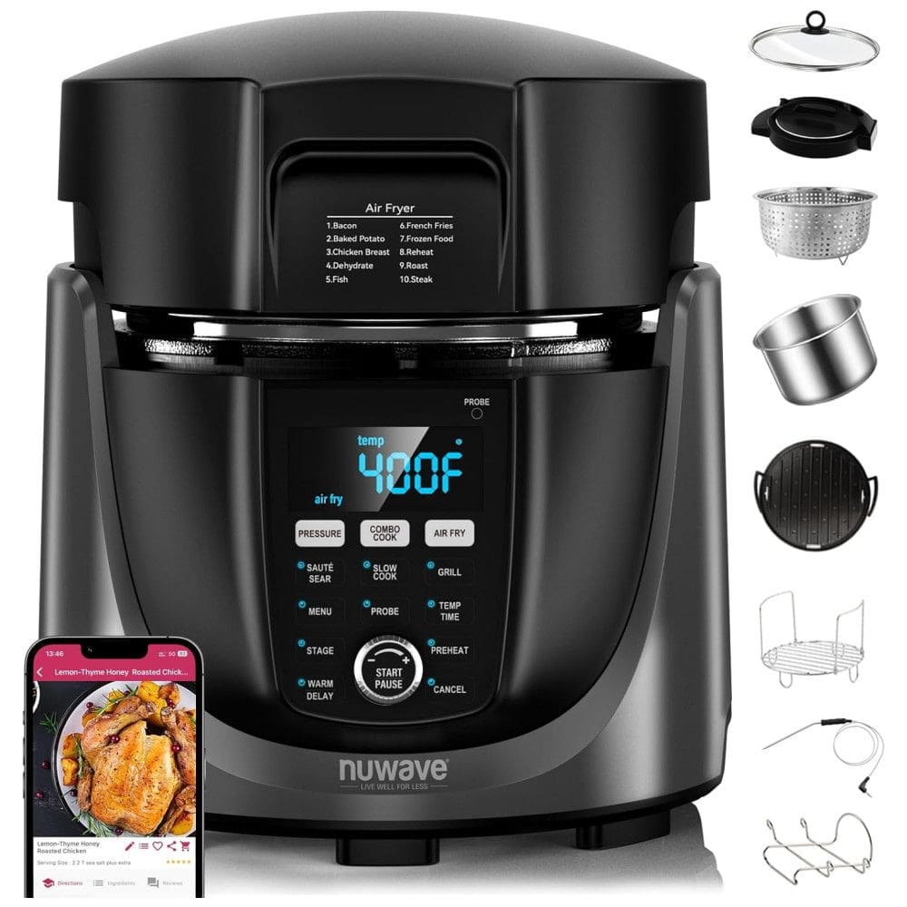 Fritadeira Elétrica Air Fryer e Panela de Pressão 450 em 1, 5,6 Litros com Sonda de Temperatura Digital e Tecnologia de Segurança