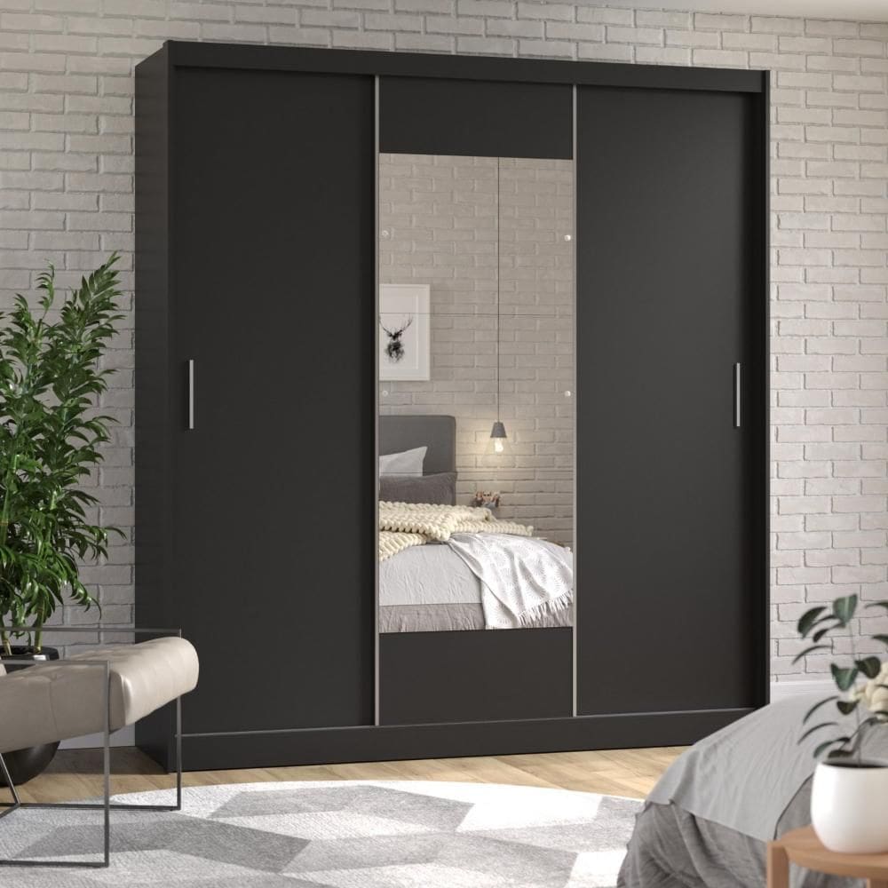 Guarda-Roupa Casal com Espelho 3 Portas de Correr Muriqui Maxx CabeCasa MadeiraMadeira Preto
