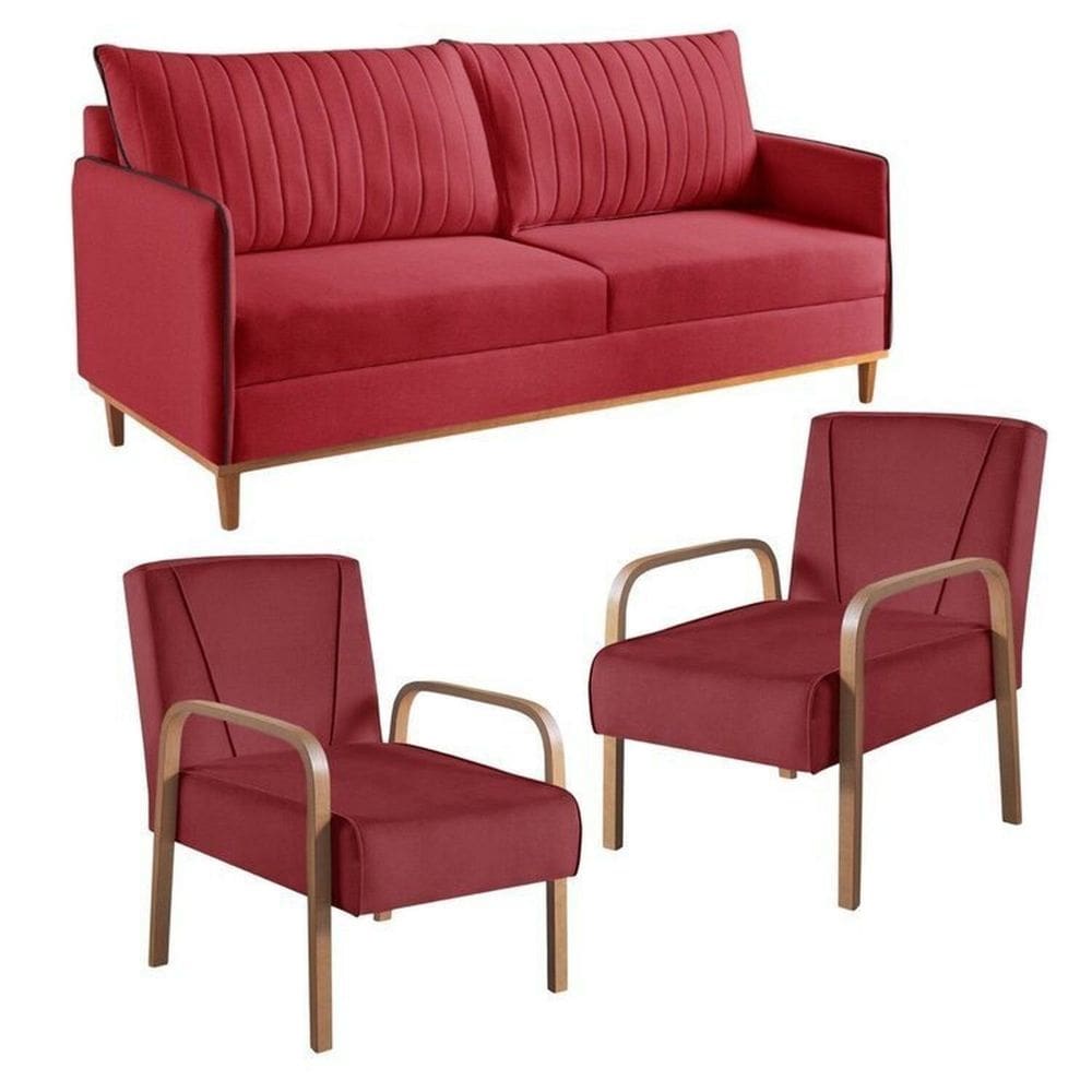 Conjunto de Sala de Estar 1 Sofá Dois Lugares Persa e 2 Poltronas Ágata Vermelho