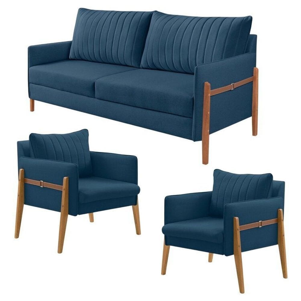 Conjunto de Sala de Estar Orion com 1 Sofá 2 Lugares Living e 2 Poltronas Azul Marinho