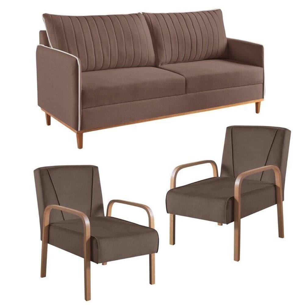 Conjunto de Sala de Estar 1 Sofá Dois Lugares Persa e 2 Poltronas Ágata Marrom