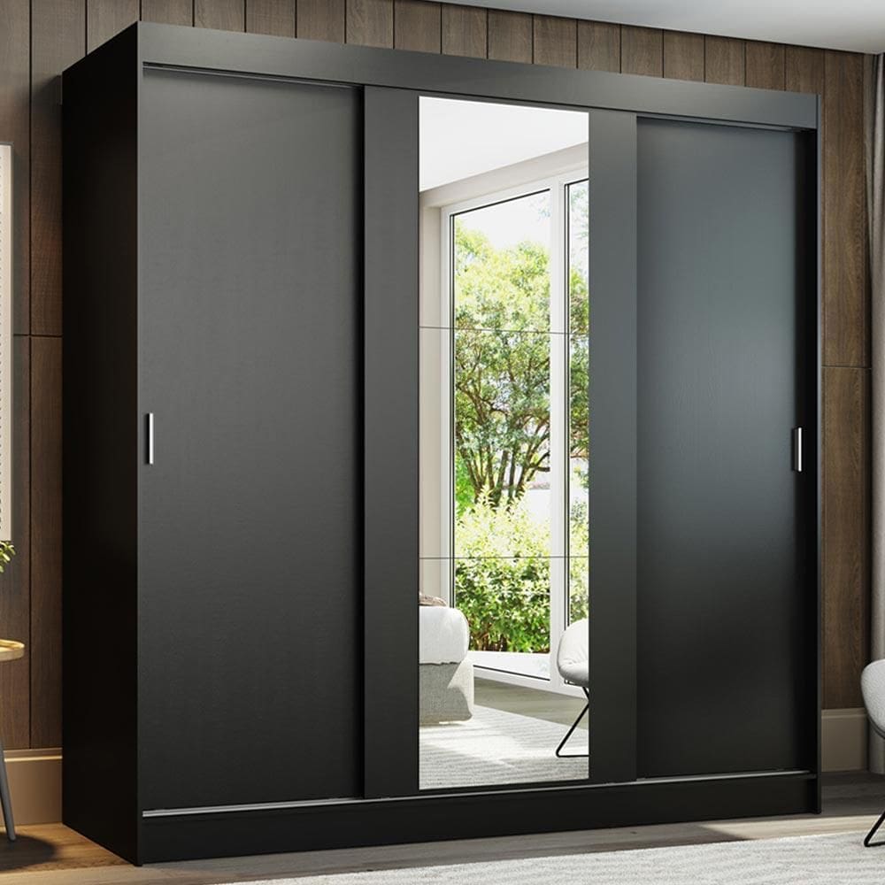 Guarda-Roupa Casal Madesa Reno 3 Portas de Correr com Espelho - Preto XV