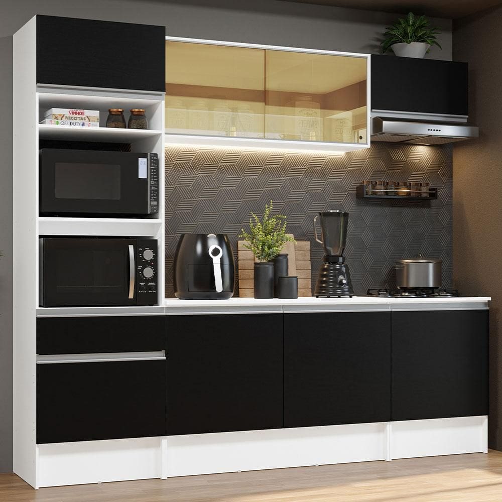 Cozinha Completa Madesa Diamante com Armário, Balcão e Tampo - Branco/Preto XV