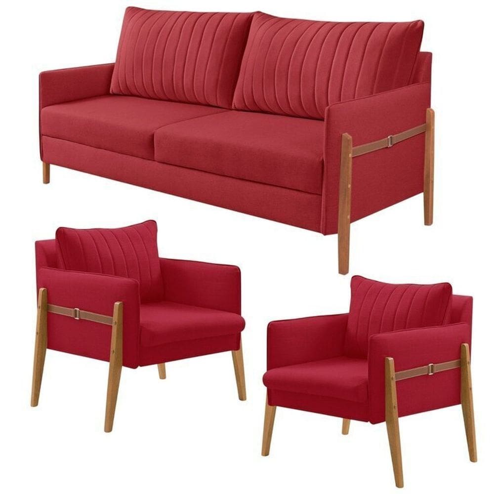 Conjunto de Sala de Estar Orion com 1 Sofá 2 Lugares Living e 2 Poltronas Vermelho