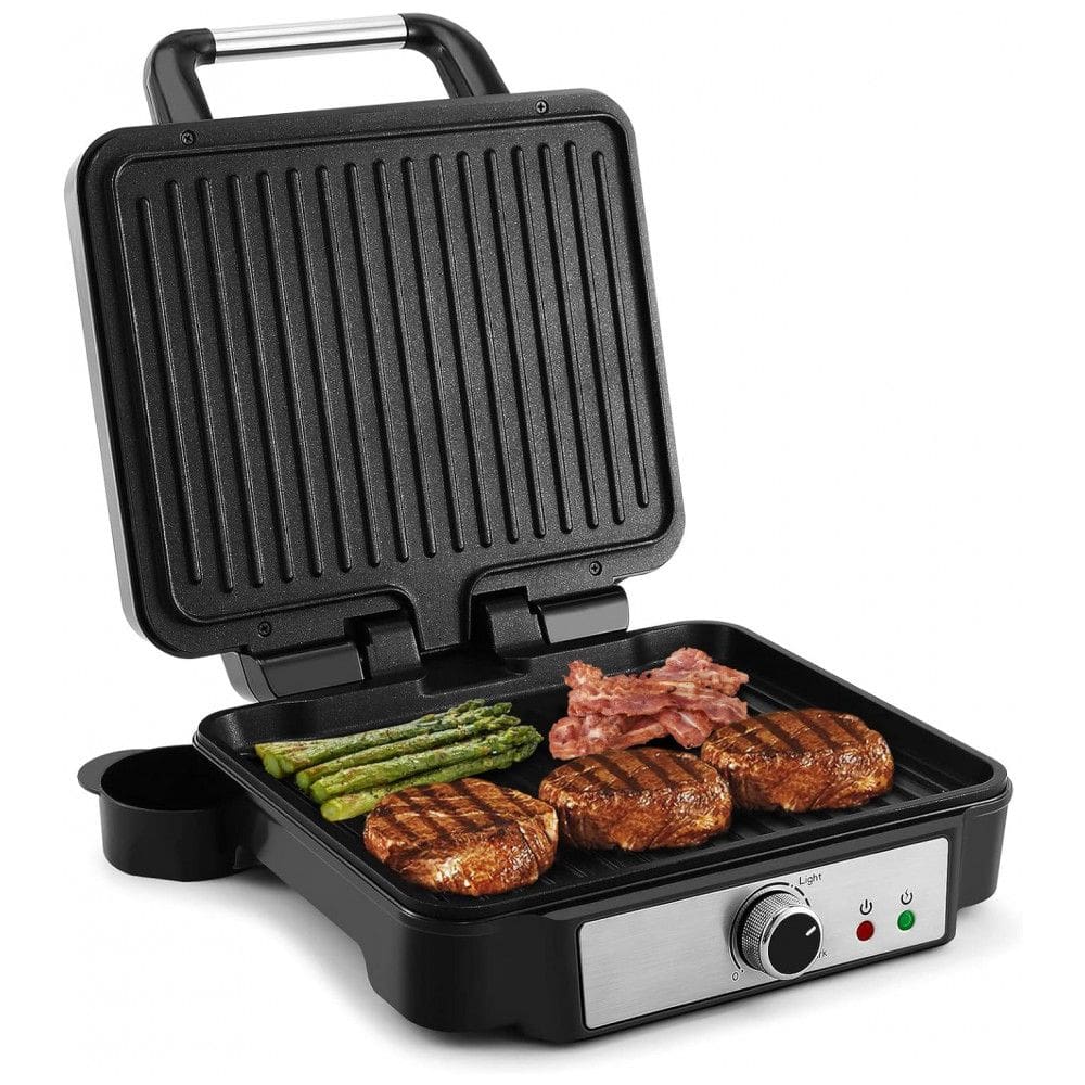 Sanduicheira e Grill Elétrico 3 em 1 com Superfície Antiaderente, Controle de Temperatura, Abertura 180 e Bandeja Coletora Removível,