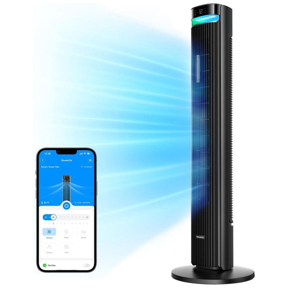 Ventilador de Torre, com Temporizador de 24H, Silencioso, Distância Máxima do Ar 7 Metros, 5 Modos, 12 Velocidades e Controle por APP ou