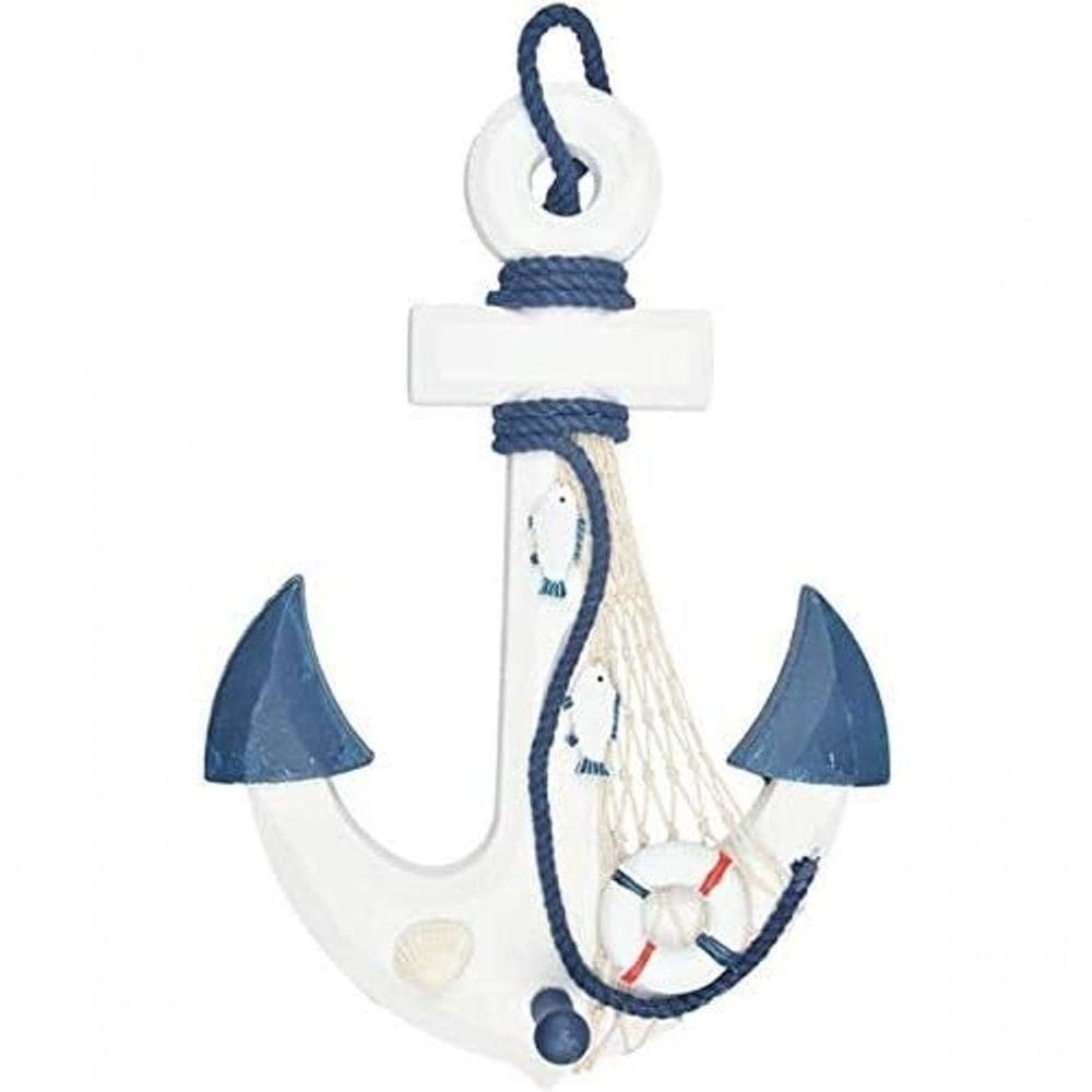 Ancora Decorativa Náutica Branco E Azul Marinha 33cm