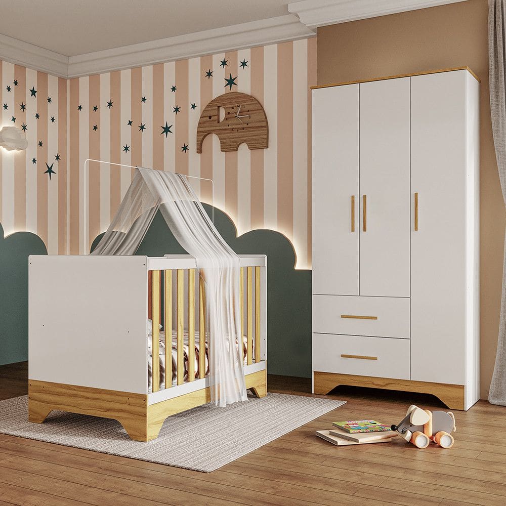 Quarto de Bebê Guarda Roupa e Berço 3 em 1 100 MDF Popy Móveis Peroba