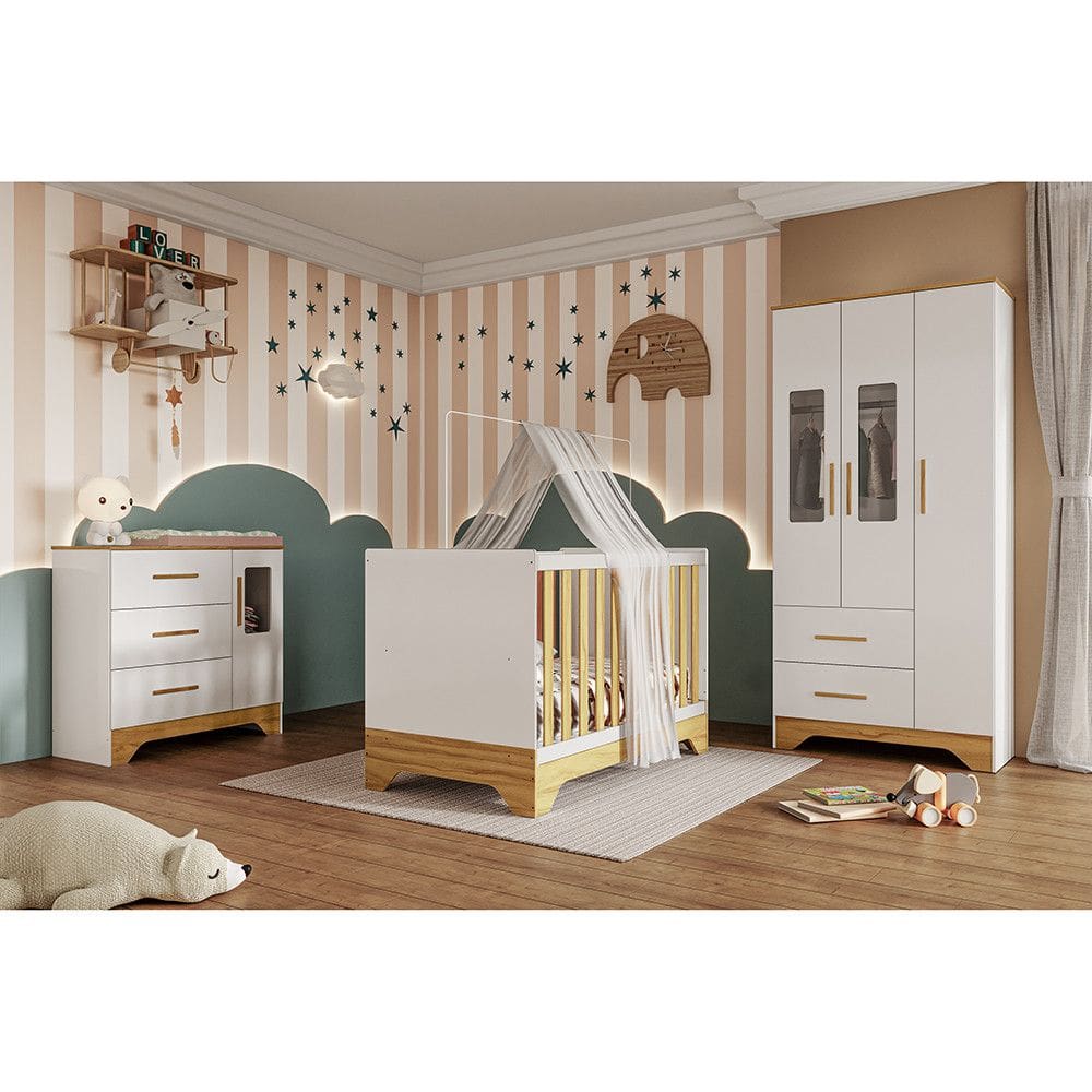 Quarto de Bebê Completo Guarda Roupa e Cômoda com Janela Berço 3 em 1 100 MDF Popy Móveis Peroba