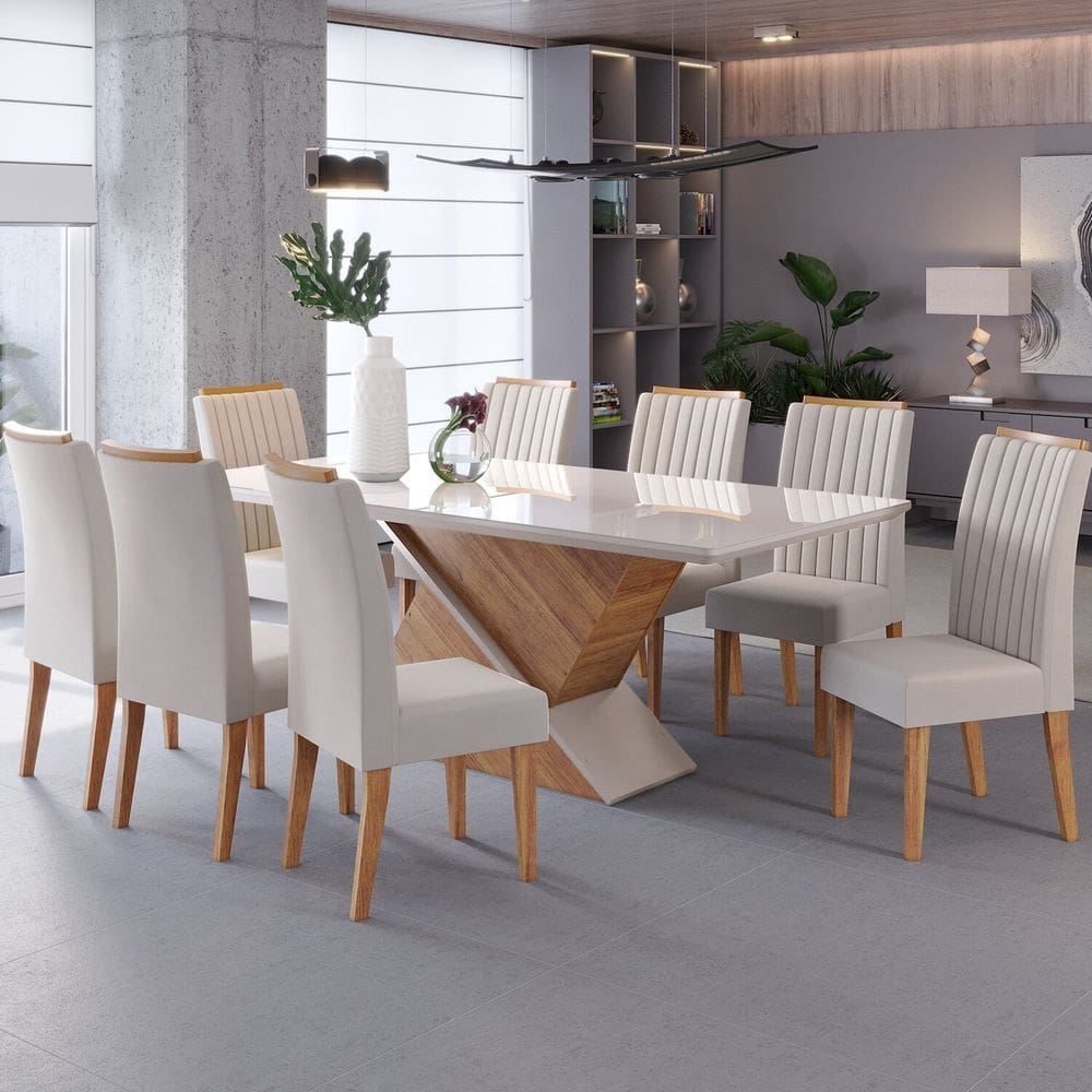 Conjunto Mesa de Jantar Retangular Eleganza 200x90cm com Vidro e 8 Cadeiras Mel/Off White/Marfim
