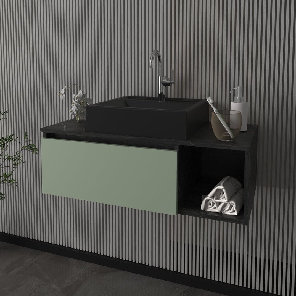 Gabinete Suspenso para Banheiro 80cm 1 Porta Basculante 1 Nicho Mármore Lunar/Verde Mar