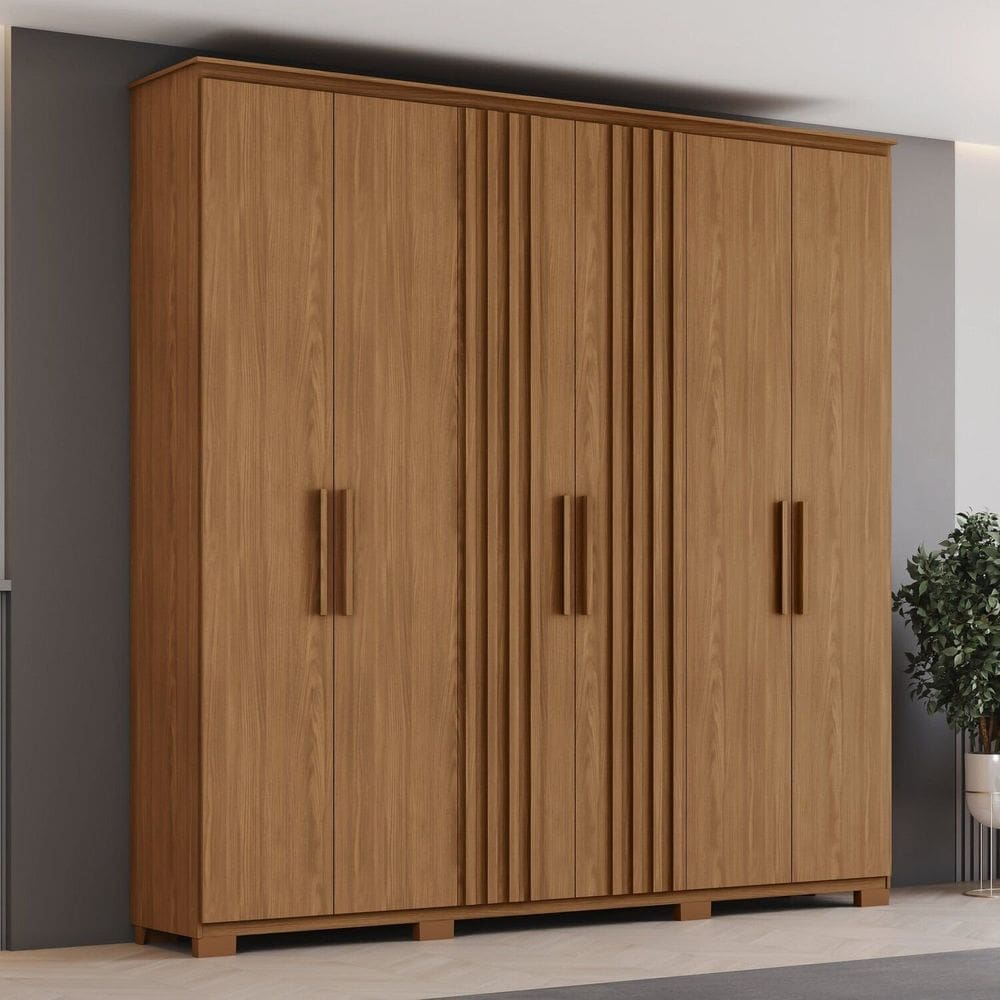 Guarda Roupa Casal Ávila 6 Portas 4 Gavetas com Pés em Abs e Detalhes Ripados Marrom