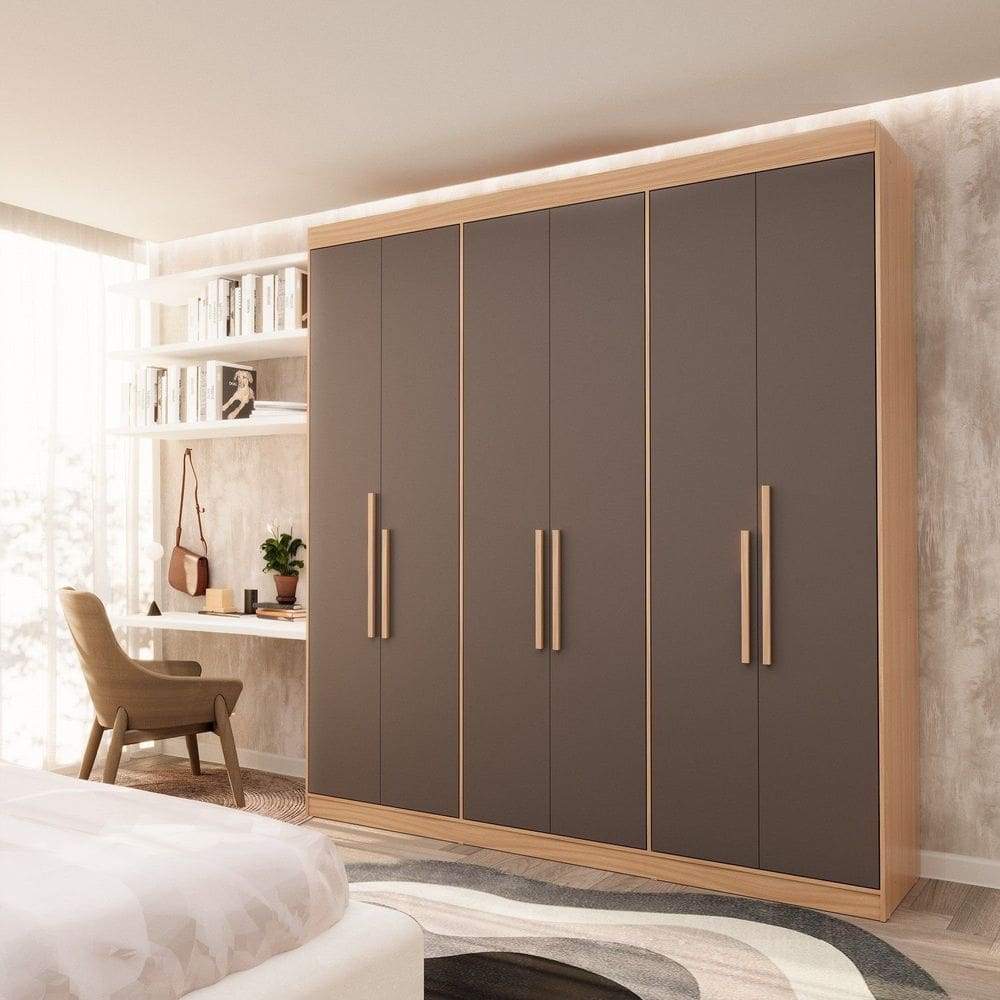Guarda Roupa Casal 6 Portas Lugano Mdf Cedro/Cinza