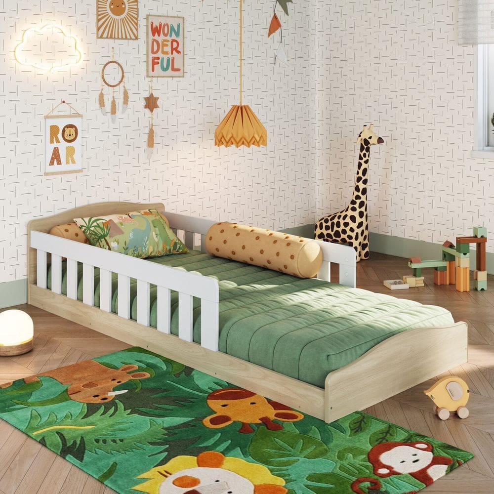 Cama de Chão Montessoriana de Solteiro Linha Encanto Carvalho/ Branco