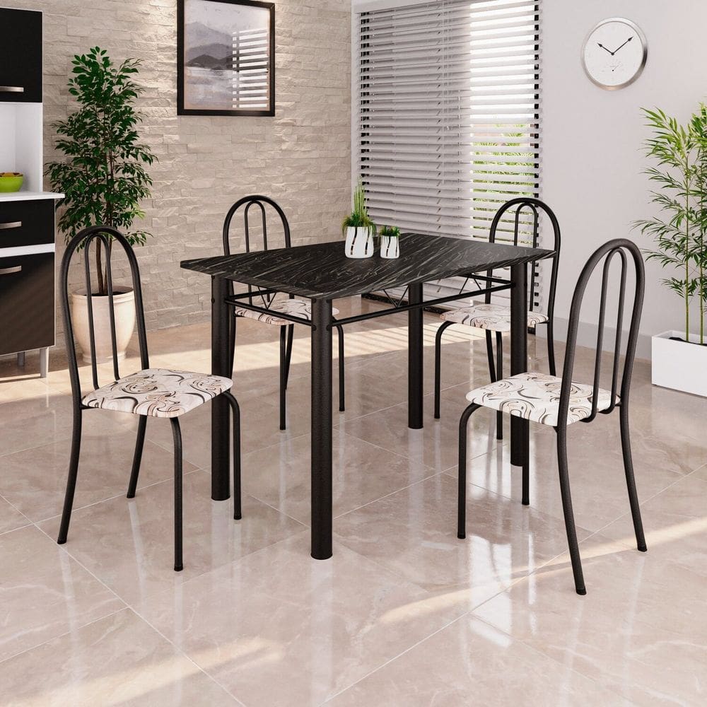 Conjunto de Mesa Tubular 100x60cm Tampo em Ardósia Indiano com 4 Cadeiras Arabesco / Preto