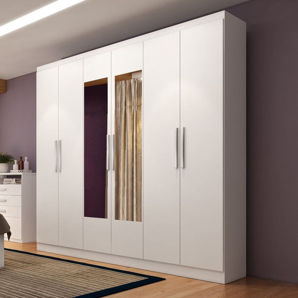 Guarda Roupa Casal 6 Portas 3 Gavetas Mônaco com Espelho Branco Artico