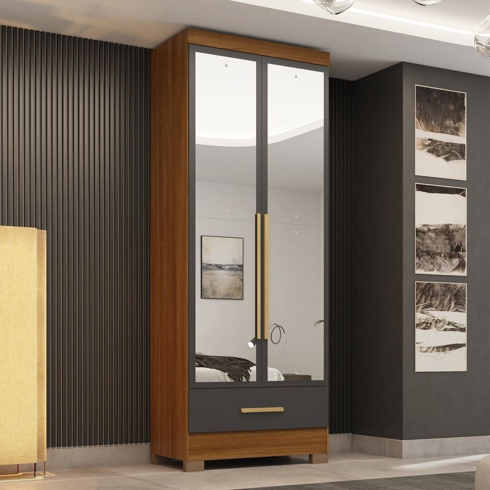 Guarda-roupas 2 Portas 1 Gaveta com Espelhos Smart Plus Espresso Móveis Cinamomo/ Cinza