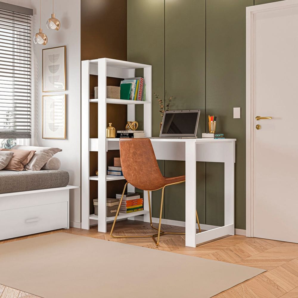 Mesa Escrivaninha com Estante e 4 Prateleiras Licce Branco