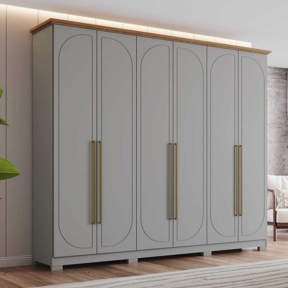Guarda Roupa Casal Americano 6 Portas com Amortecimento 6 Gavetas com Usinagem Cinza/Marrom