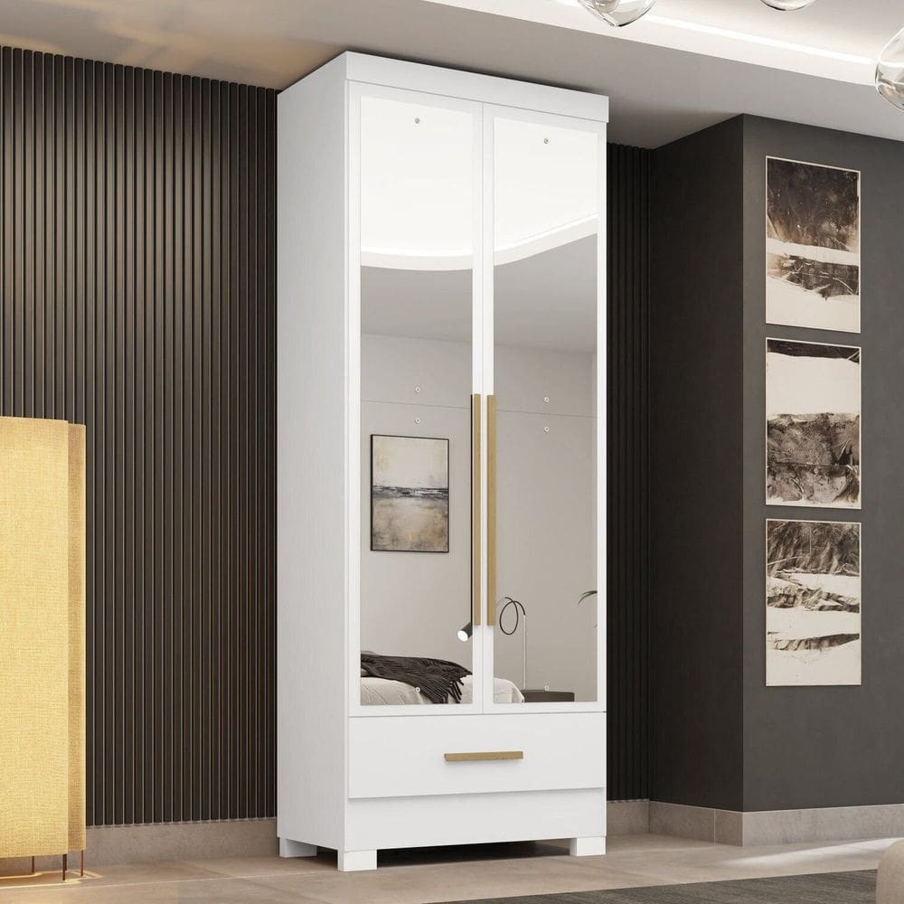 Guarda-roupa 2 Portas 1 Gaveta com Espelhos Smart Plus Espresso Móveis Branco