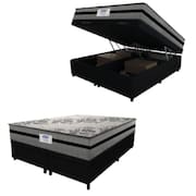 Cama Box Baú Casal King Colchão Gazin Com Molas Ensacadas Rubi 193x203x73cm Suede Preto/Cinza
