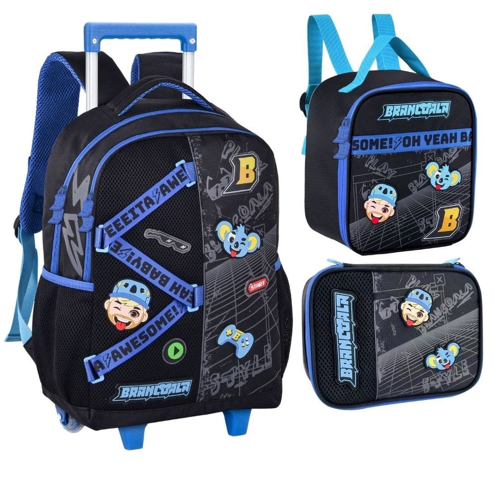 Kit Mochila Rodinha Lancheira Estojo Youtuber Brancoala