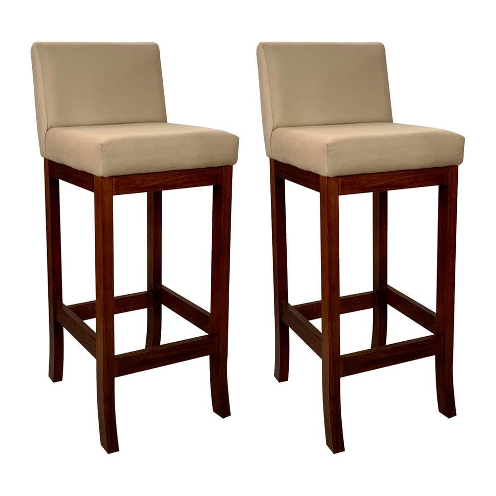 Kit 2 Banquetas Média Estofada em Madeira Maciça Castanho Melody Suede Bege