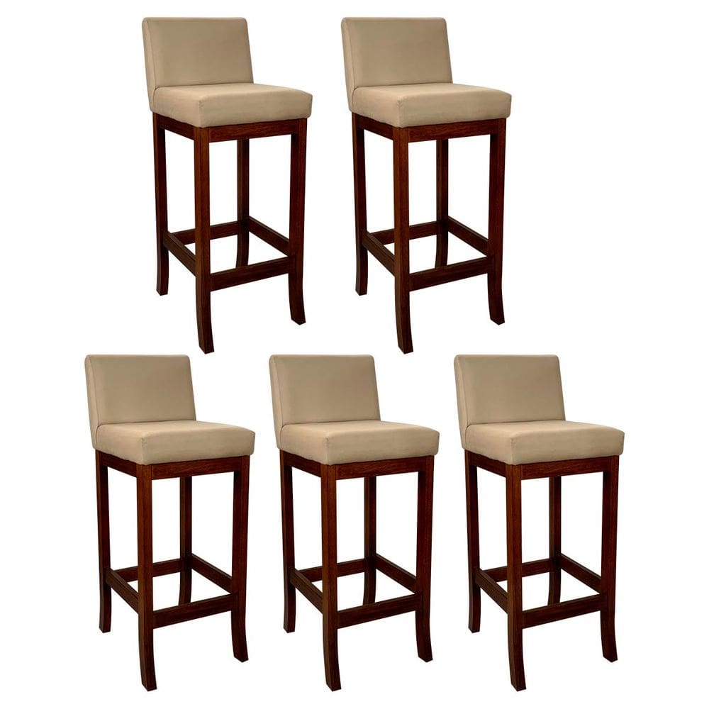 Kit 5 Banquetas Média Estofada em Madeira Maciça Castanho Melody Suede Bege