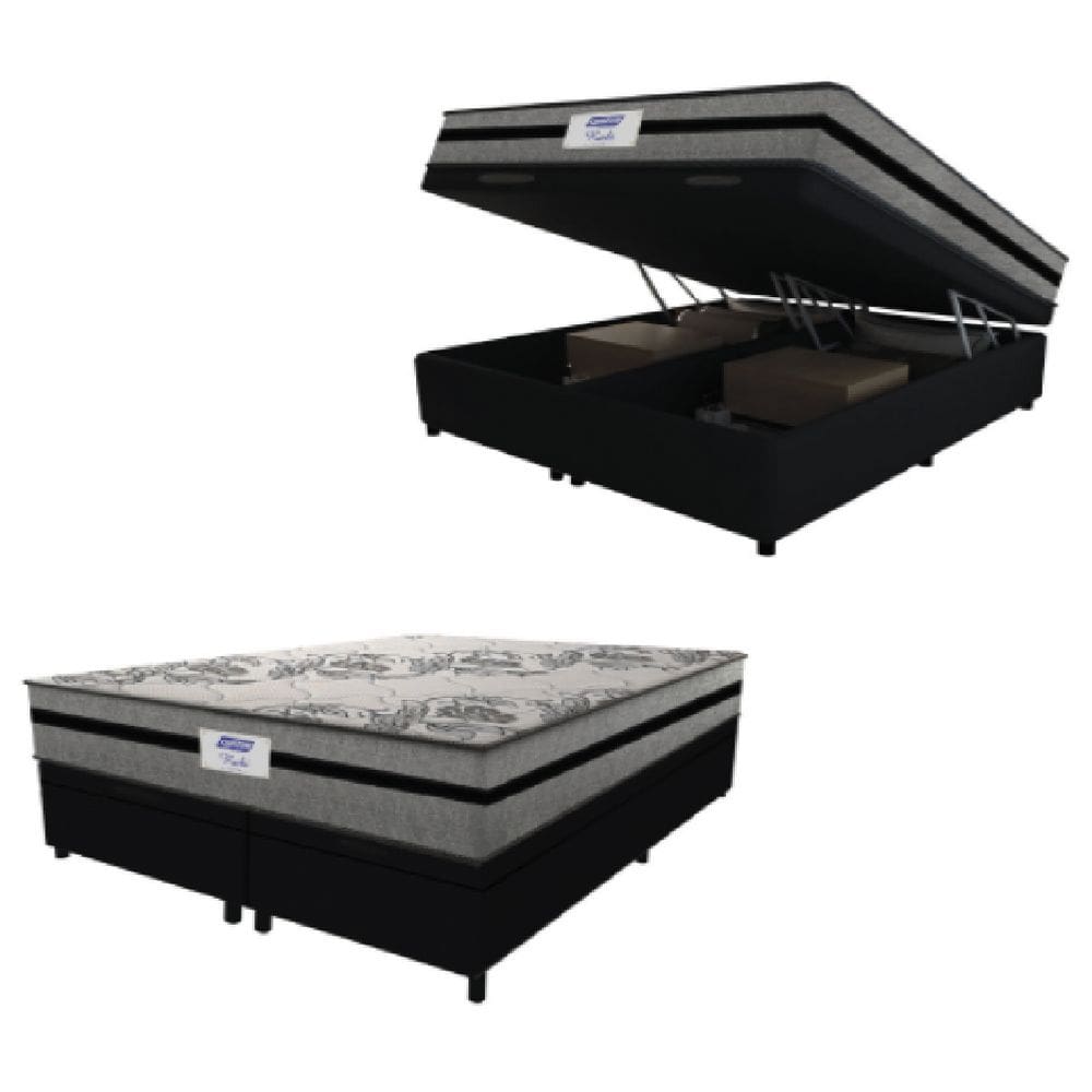 Cama Box Baú Casal Queen Colchão Gazin Com Molas Ensacadas Rubi 158x198x73cm Suede Preto/Cinza
