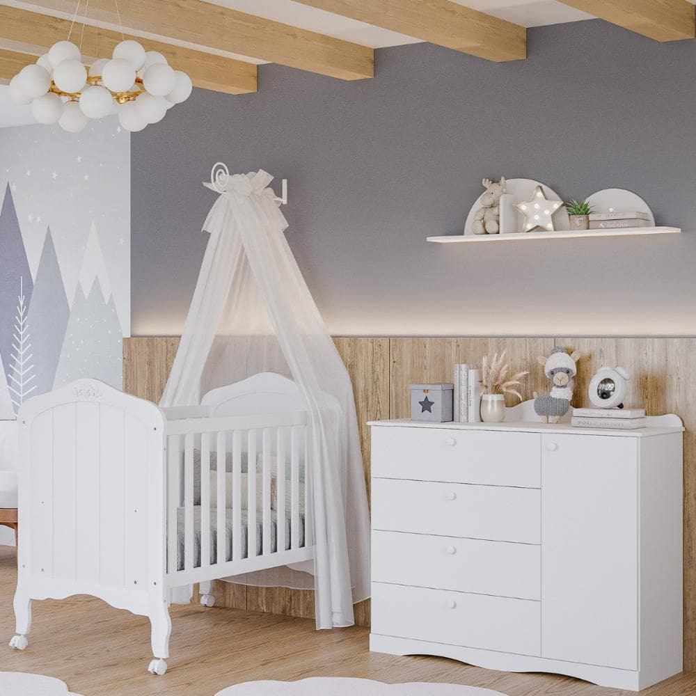 Quarto de Bebê Completo Berço Americano Provençal 2 em 1 Cômoda 4 Gavetas 1 Porta Provençal 100% MDF