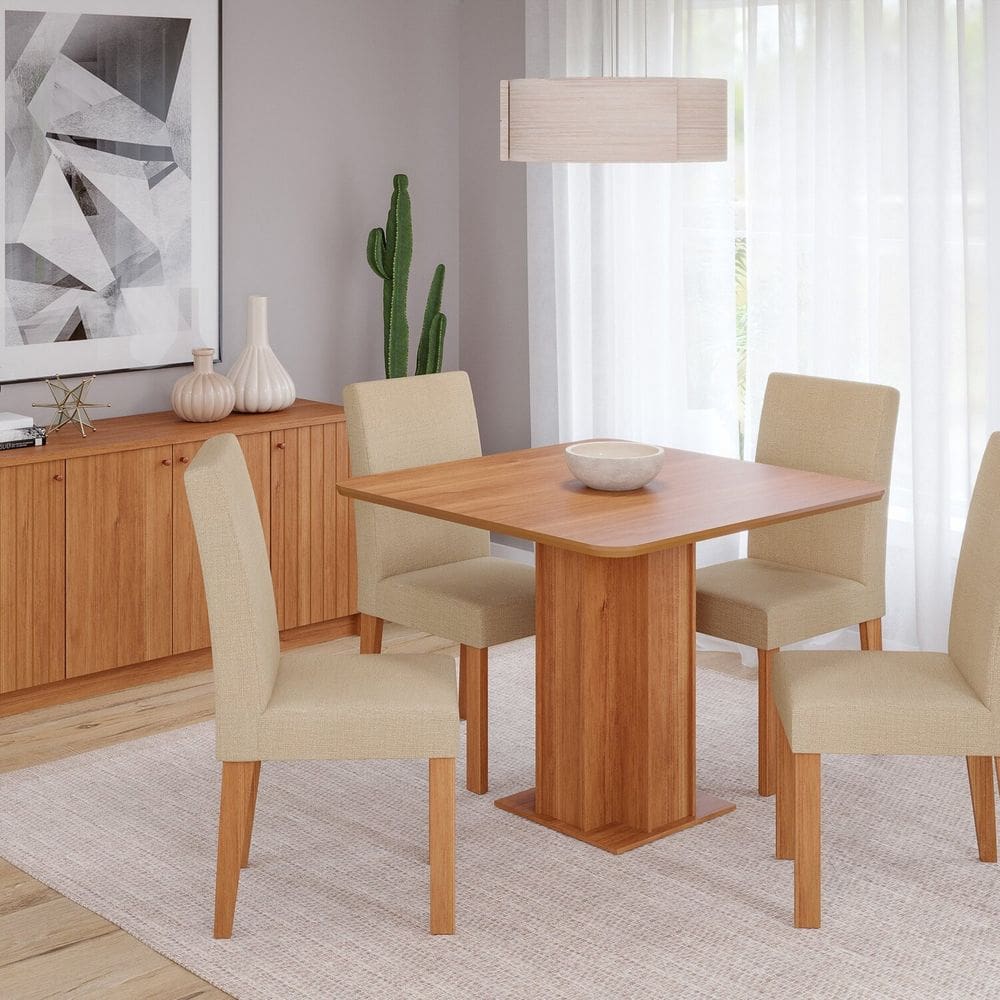 Sala de Jantar Sophia 95x95cm sem Vidro com 04 Cadeiras Maia Cinamomo/Gengibre