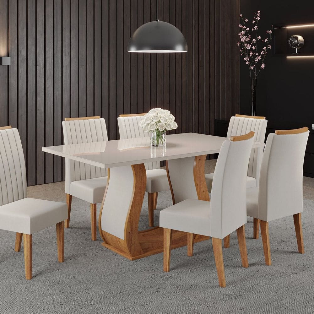 Conjunto Mesa de Jantar Retangular Manuela 160cm X 80cm com Vidro e 6 Cadeiras Mel /Off White/ Marfim
