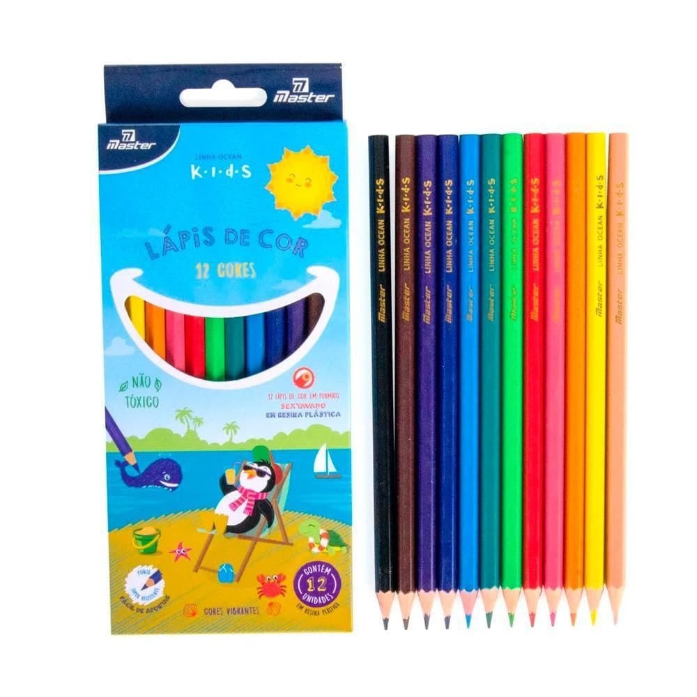 Caixa De Lápis Ocean Kids 12 Cores Não-Toxico Master