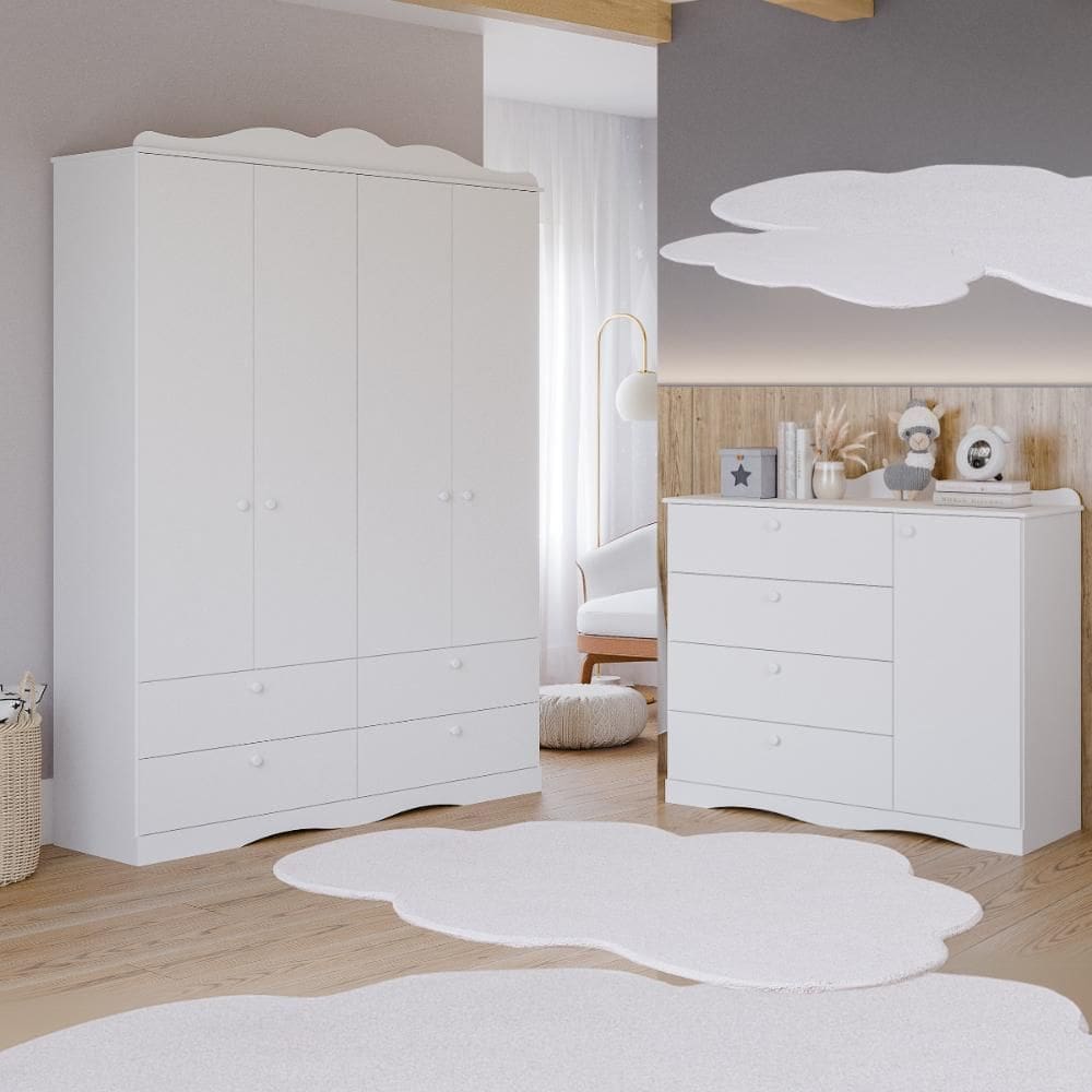 Quarto de Bebê Completo Cômoda Provençal  4 Gavetas Guarda Roupas 4 Portas  4 Gavetas  100% MDF