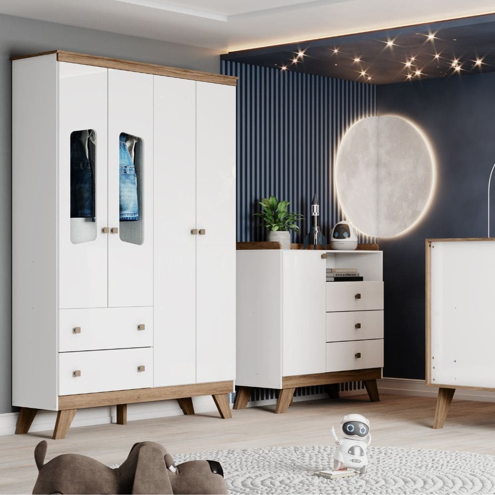 Quarto de BebÃª com Guarda Roupa 4 Portas e CÃ´moda 3 Gavetas Lola Henn