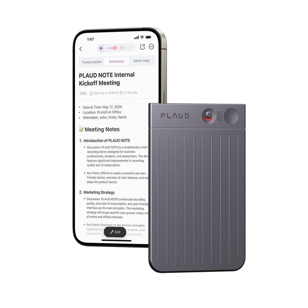 Gravador de Voz Plaud Note IA com Memória de 64GB - Cinza