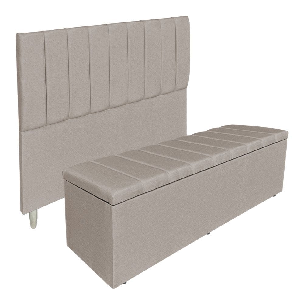 Kit Cabeceira e Calçadeira Baú Casal Queen 1,60m Londres Linho Capuccino Dal Poz Estofados