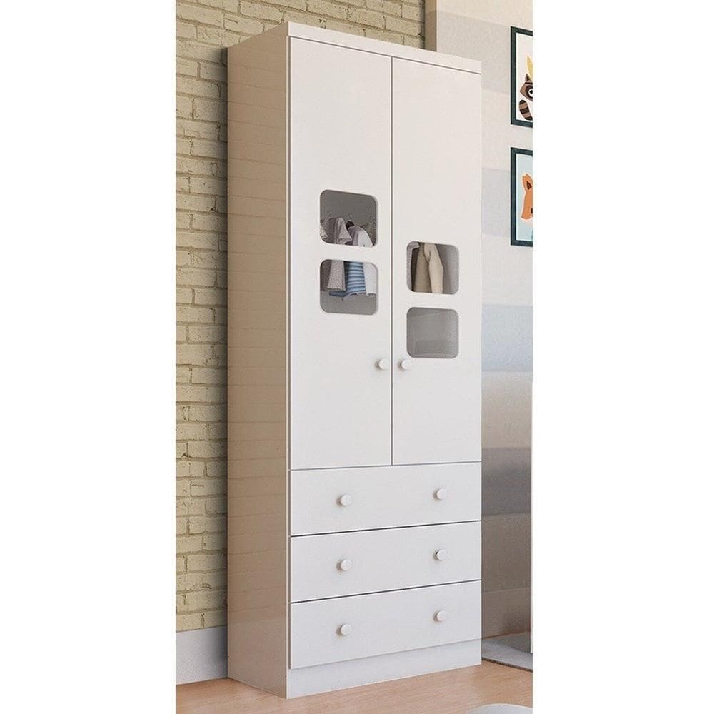 Guarda-roupa Infantil 61,70cm 2 Portas com Janelas e 3 Gavetas sem Pés 100% Mdf Mimo Espresso Móveis Branco