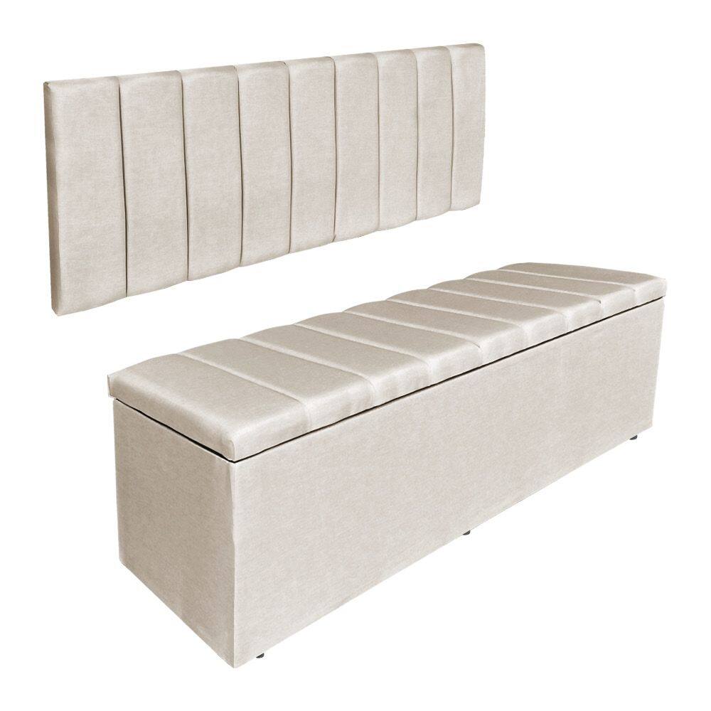 Kit Cabeceira Painel e Calçadeira Baú Casal Queen 1,60m Londres Suede Bege Dal Poz Estofados