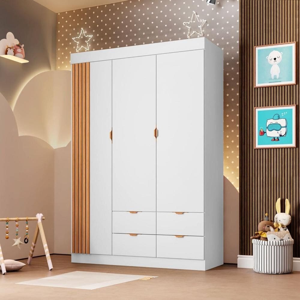 Guarda-Roupa Infantil Ayla 3 Portas 4 Gavetas 100% MDF Branco