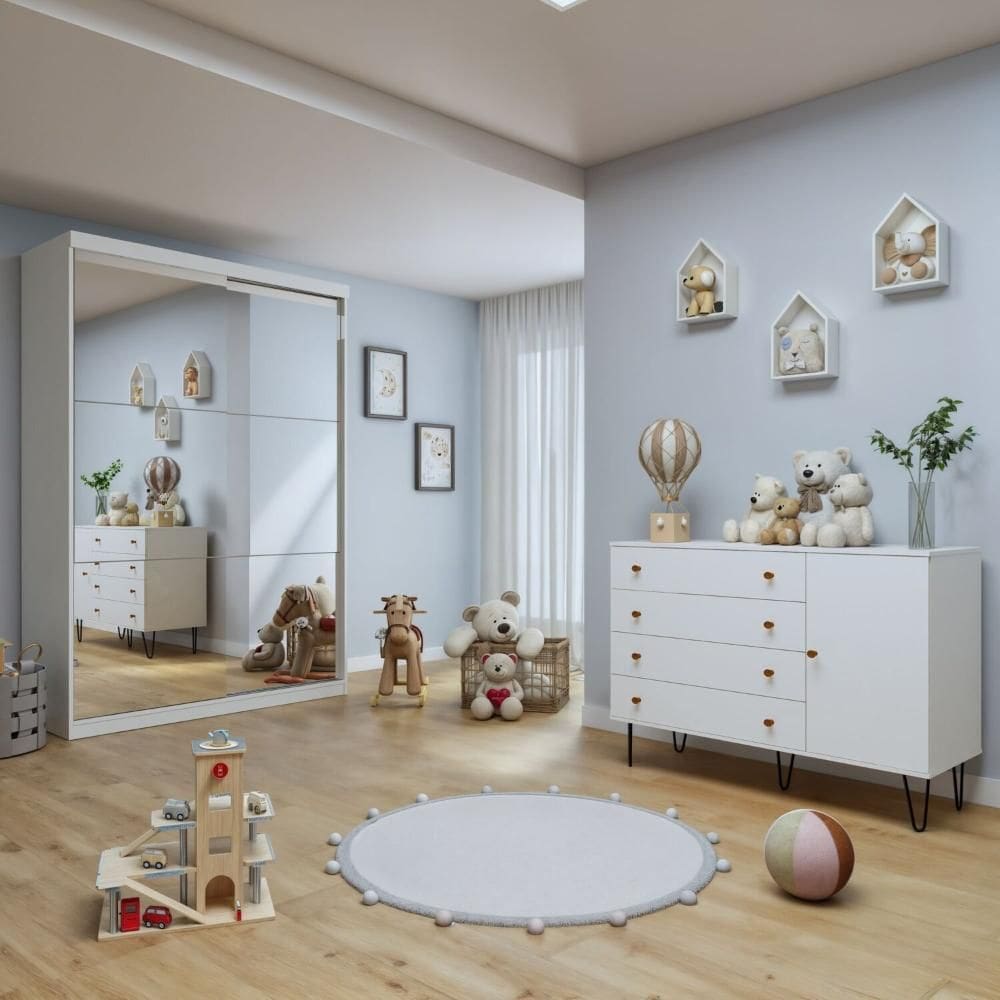 Quarto Infantil Guarda-Roupa 2 Portas Espelhadas Lumi com Cômoda 1 Porta 4 Gavetas Aurora Branco