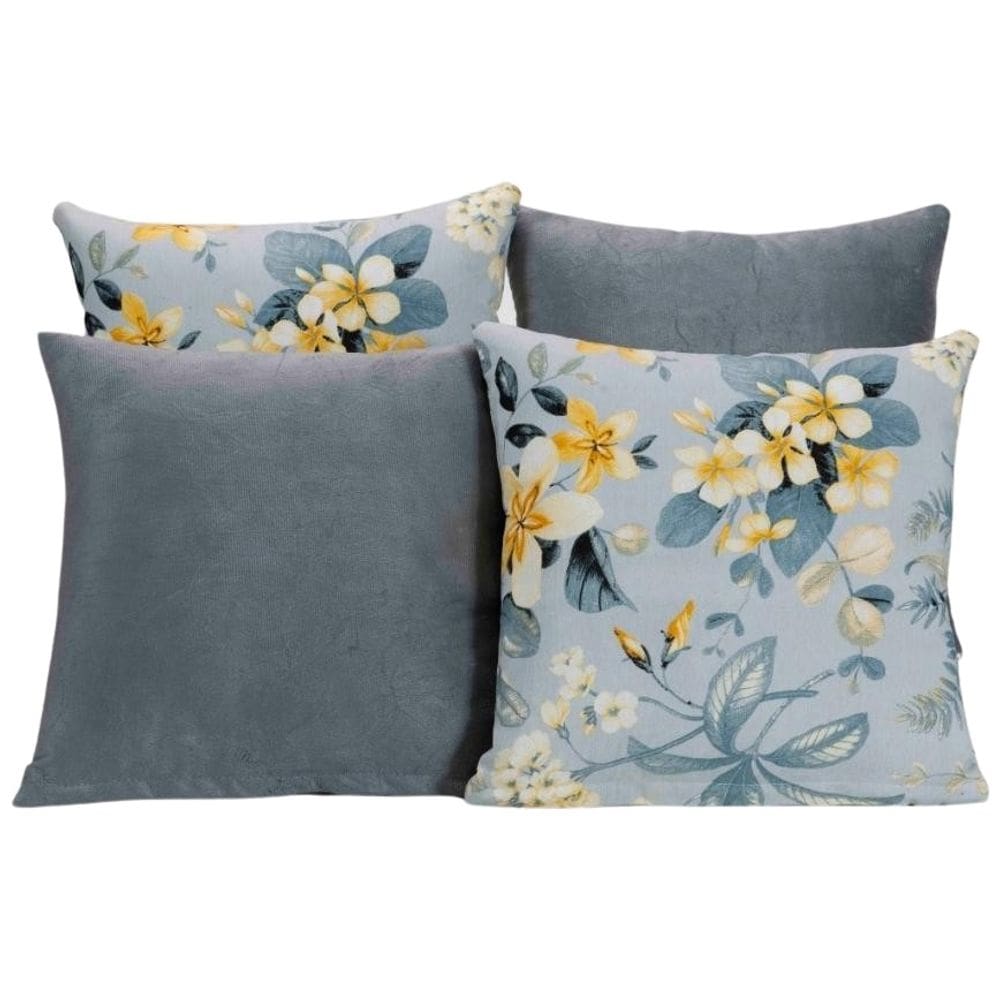 Kit 4 Capas De Almofada Para Sofá Estampa Cinza Com Azul
