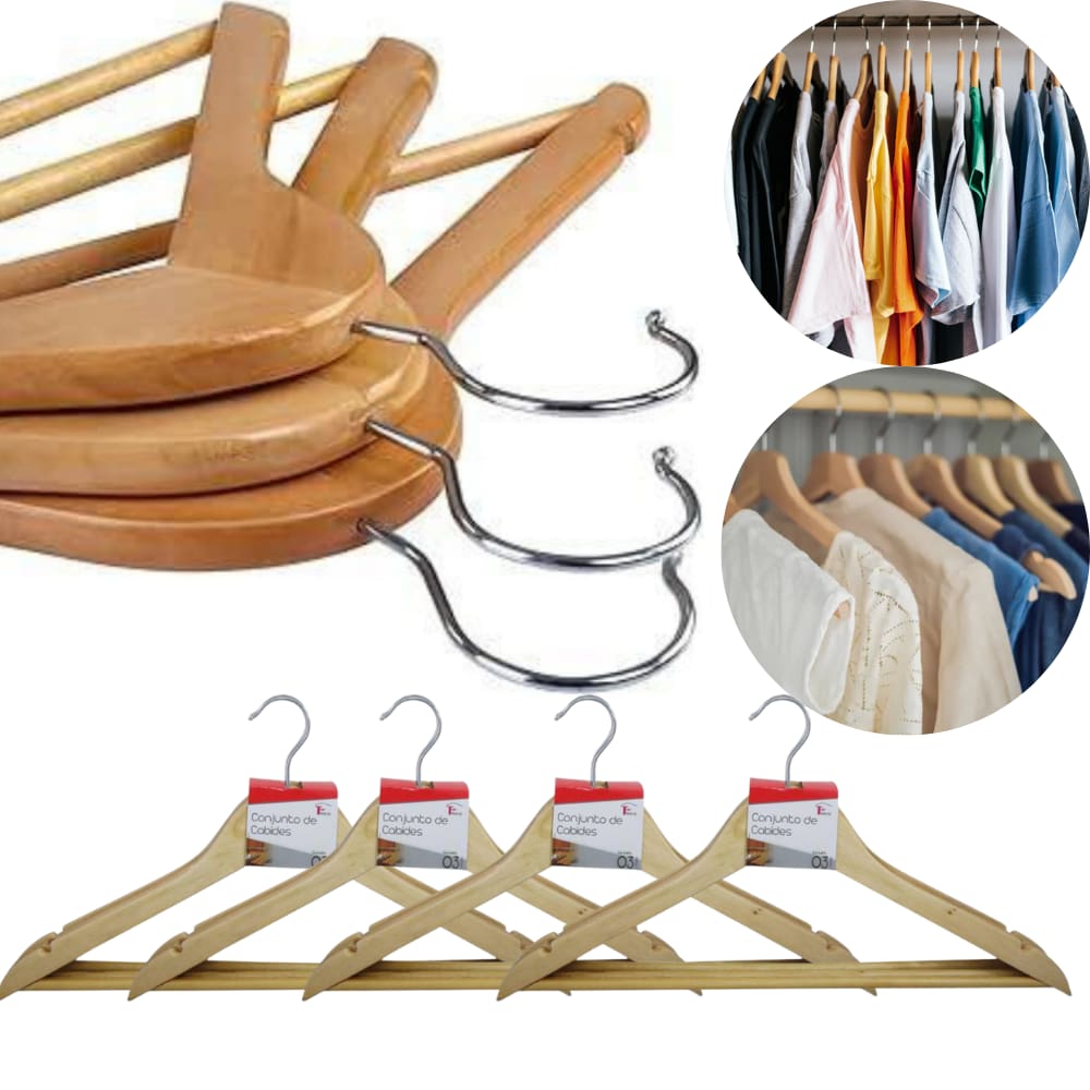 Kit 12 Cabides De Madeira com Verniz Roupa Calça Adulto