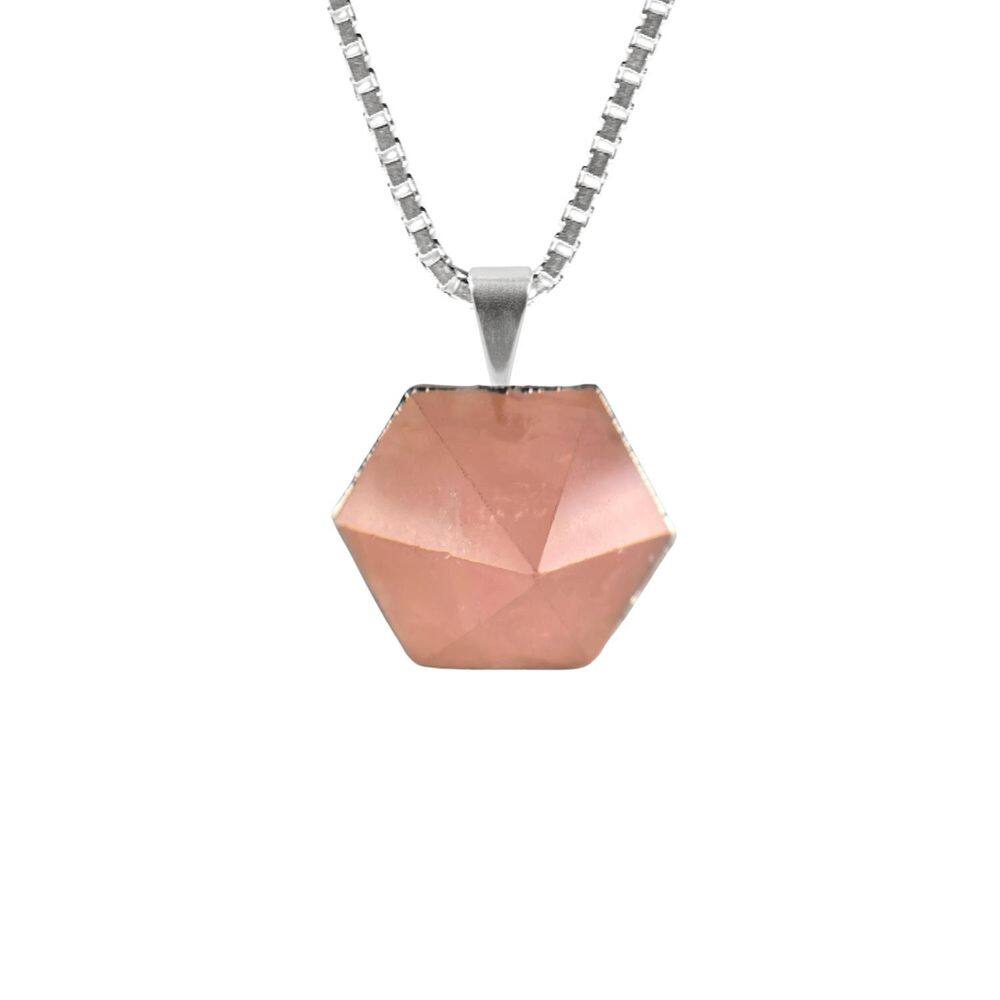 Pingente Prata 925 Quartzo Rosa Hexagonal Semi-Lapidado