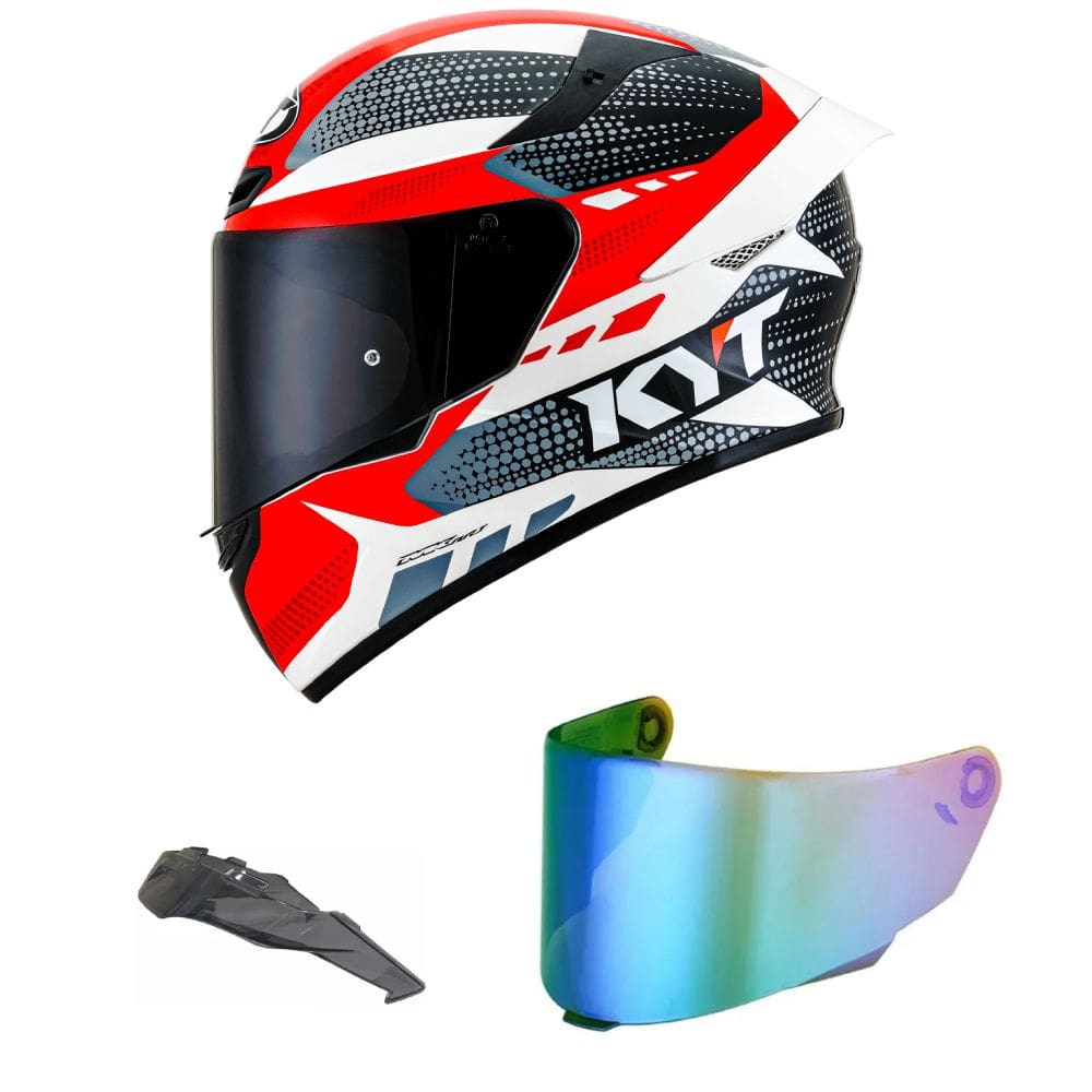 Capacete KYT TT Course Gear Preto e Vermelho Mais Viseira Camaleão e Spoiler Fumê
