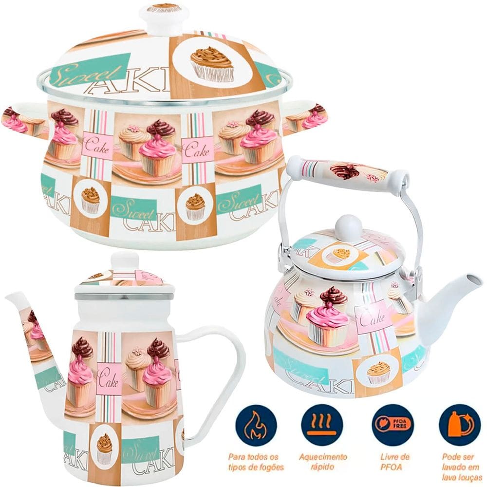 Trio Panela Bule Chaleira Cake Esmaltados À Indução Vintage