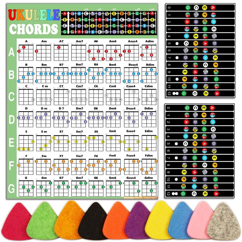 Kit de ukulele para iniciantes Junlego com tabela de acordes, adesivos e palhetas